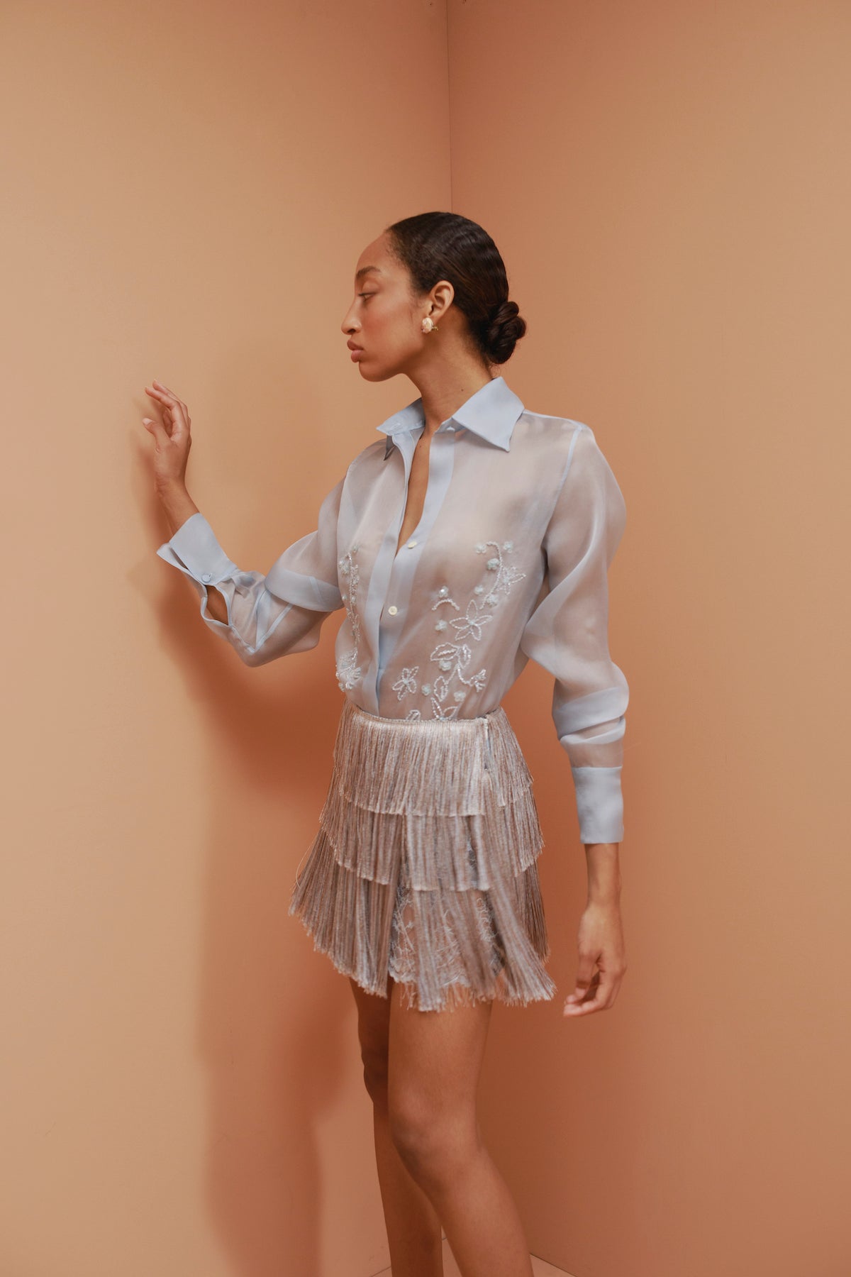 Aster Hand-Embroidered Organza Blouse - Blue